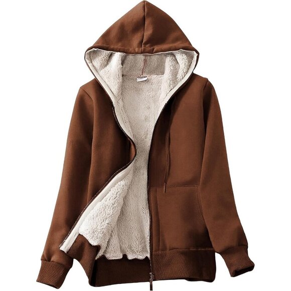 Women's Brown Casual Full Zip Sherpa Lined Hoodie Sweatshirt Jacket Coat